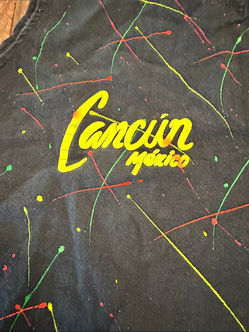 Vintage Miro Cancun Mexico Neon Paint Splatter Crop Tank Top Shirt Pocket M GUC